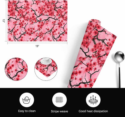 Chinese Flowers Placemats Set of 4, Washable PVC Kitchen Table Mats Place Mats, Spring Pink Peach Blossoms Floral Woven Vinyl Placemat for Dining Table, 13" x 19"