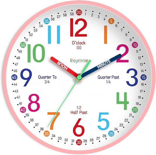 Roymnie Wall Clock 8 Inch for Kids Learning to Tell Time Easily Non Ticking Battery Operated Kids Teaching Clock Silent Colorful Teaching Time Clock Decorative for Kids Room Classroom School (Pink)