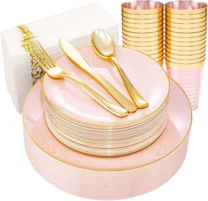 Rubtlamp 210Pcs Plastic Pink Plates with Gold Plastic Silverware Set Include 30Pink Dinner & 30 Dessert Plates, 90Gold Cutlery, 30Gold Cups, 30Napkins, Pink Dinnerware for Valentines&Mother's Day