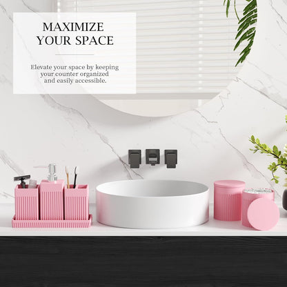 6-Piece Pink Bathroom Set - Sleek Resin Bathroom Accessories Set with Soap Dispenser, Toothbrush Holder, Vanity Tray, Tumbler & Apothecary Jars for Small Spaces