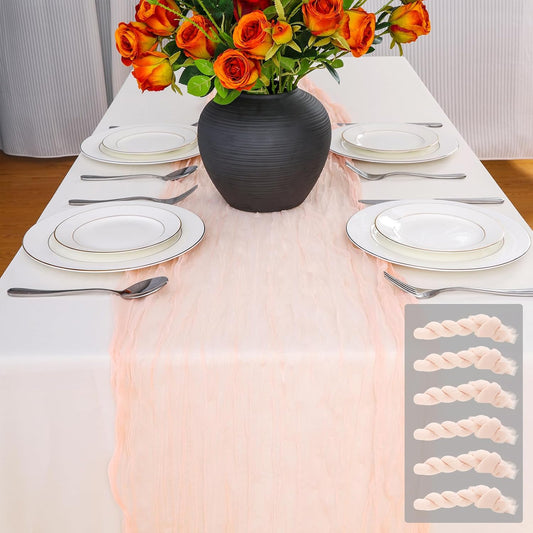 6pcs Coral Peach Spring Summer Cheesecloth Table Runner 35 x120 inches Rustic Gauze Boho Cheese Cloth Table Runner for Wedding Bridal Shower Baby Decoration