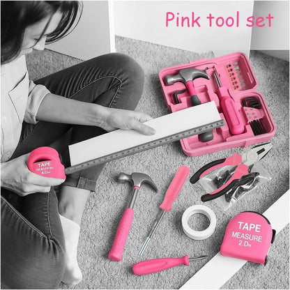 24 Pieces Pink Home Tool Set, mini Tool Box Basics Household Tool Kit Box for Men and Women DIY