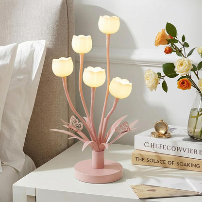 TOBUSA Pink Flower Table Lamp, 5-Light Adjustable Gooseneck Cute Desk Lamp, Vintage Bedside Reading Night Light with 5 Tulip Shades, Retro Flower Lamp for Home Office Girls Dresser, G4 Bulbs Included