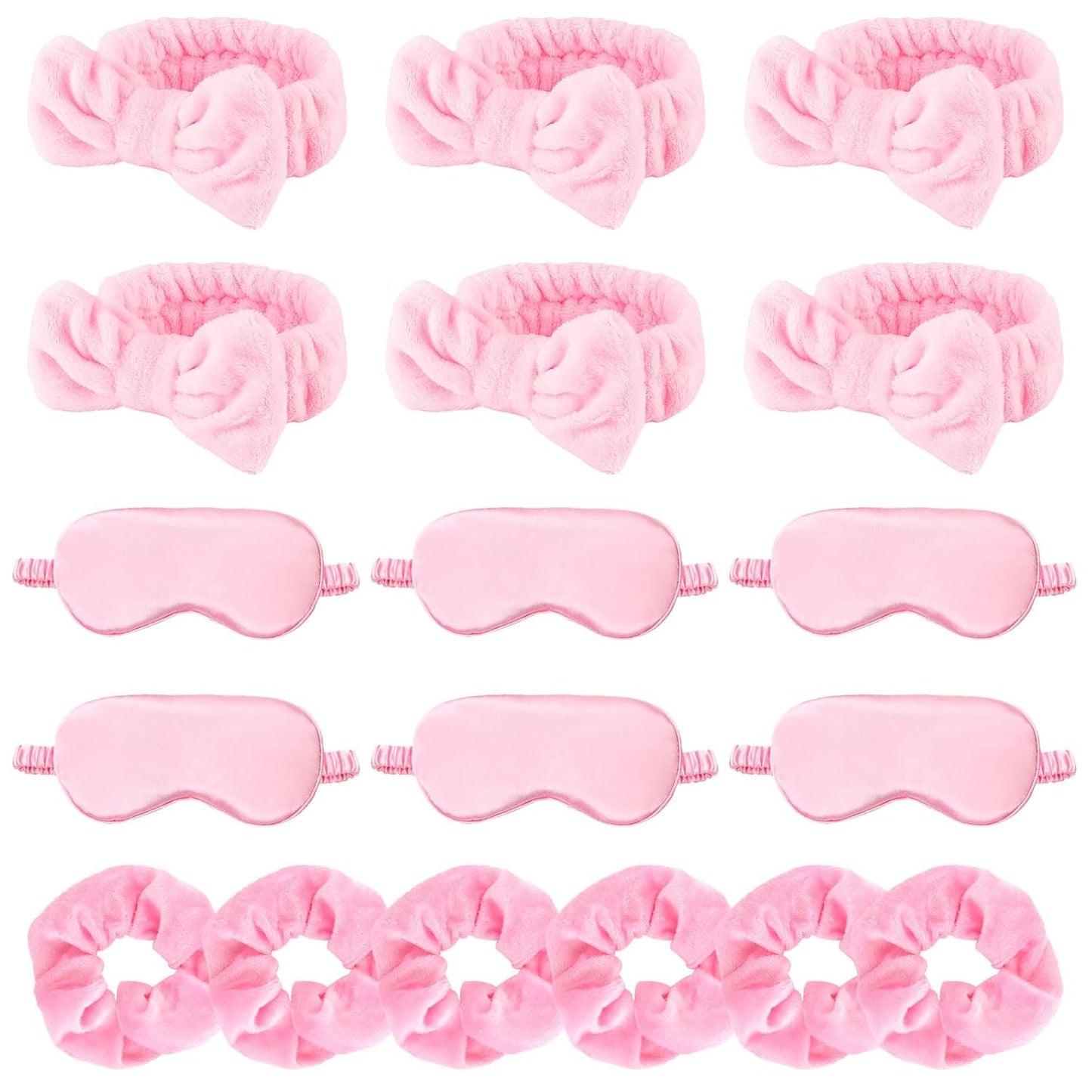 WHAVEL 18 Pcs Sleepover Party Supplies for Girls - Pink Party Favors Include 6 Spa Headband, 6 Silk Eye Mask and 6 Velvet Scrunchies for Spa Birthday, Bachelorette, Slumber (Pink)