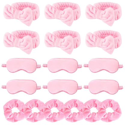 WHAVEL 18 Pcs Sleepover Party Supplies for Girls - Pink Party Favors Include 6 Spa Headband, 6 Silk Eye Mask and 6 Velvet Scrunchies for Spa Birthday, Bachelorette, Slumber (Pink)