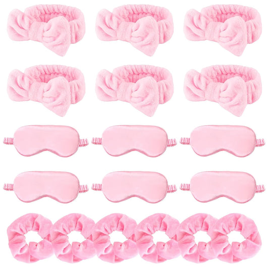 WHAVEL 18 Pcs Sleepover Party Supplies for Girls - Pink Party Favors Include 6 Spa Headband, 6 Silk Eye Mask and 6 Velvet Scrunchies for Spa Birthday, Bachelorette, Slumber (Pink)
