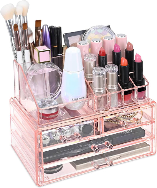 Ikee Design Pink Jewelry & Cosmetic Storage Display Boxes Two Pieces Set, Pink Cosmetic Jewelry Organizer Makeup Holder, Organizer for Vanity