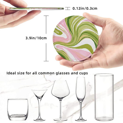 Watercolor Light Pink Green Swirl Marble Premium Leather Coasters, Set of 6 with Holder, Stylish Beverage Coasters for Kitchen Coffee Bar