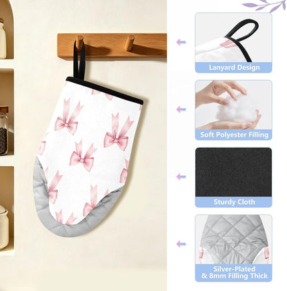 Pink Bows Ribbons Non-Slip Oven Mitts Set Heat Resistant Kitchen Gloves with Quilted Liner Cotton Machine Washable with Hanging Loop for Baking Grilling BBQ