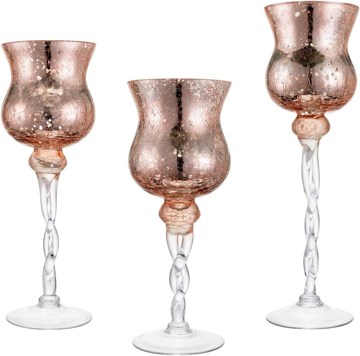 Diamond Star Pink Mercury Crackle Glass Long Stem Tealight Candle Holders Centerpieces for Wedding Table, Set of 3 (12",14",15.5" Tall)