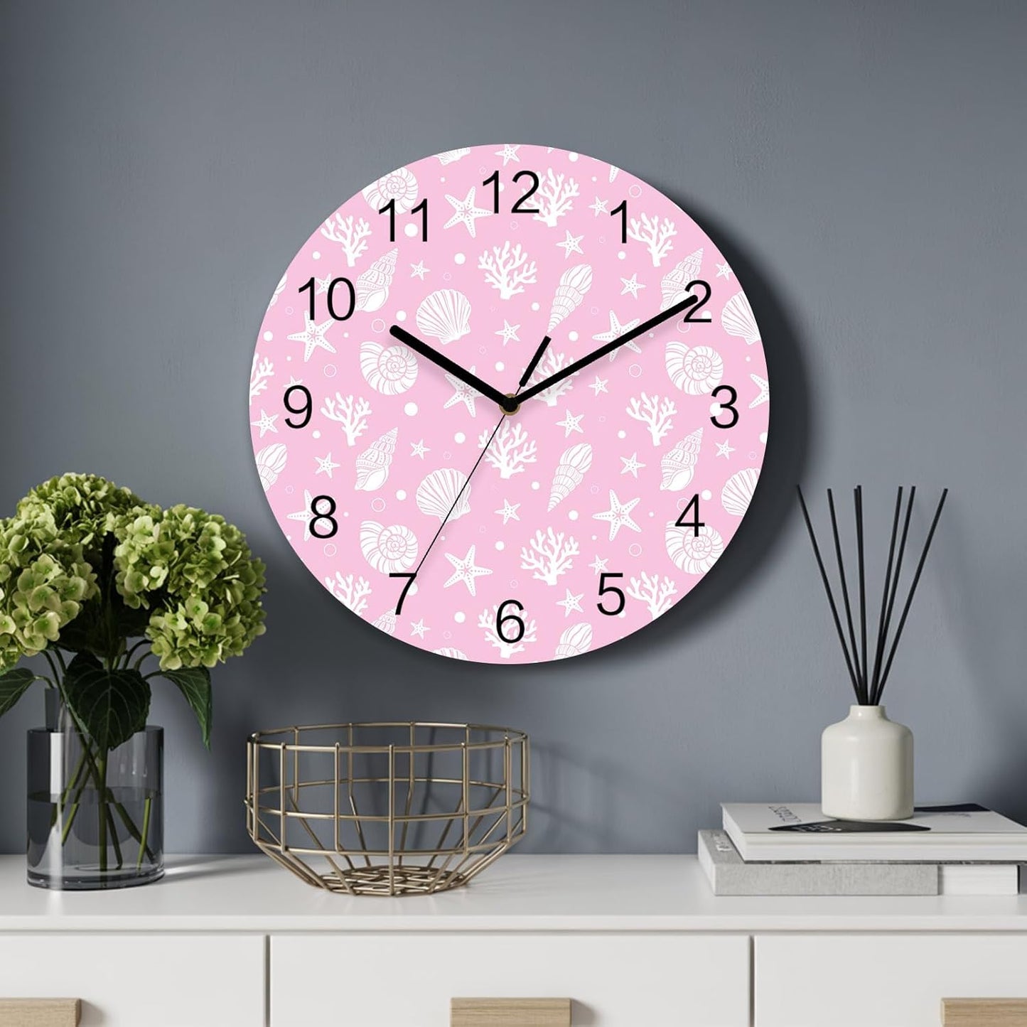Marine Life Wall Clock Battery Operated Non-Ticking 12" Round Wood Clocks, Ocean Coral Shell Starfish Pink Kitchen Wall Clock for School Bathroom Living Room Home Office Wall Decor