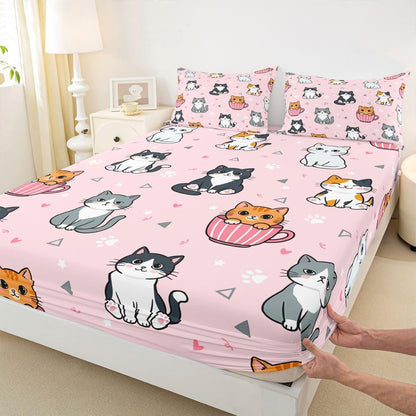 Manfei Cartoon Cute Cat Fitted Sheet Set Mug Kitten Paw Print Bedding Set for Kids Bedroom Heart Sweet Kawaii Bed Sheet Set 2pcs Deep Pocket Mattress Cover,No Top Flat Twin Peach Pink