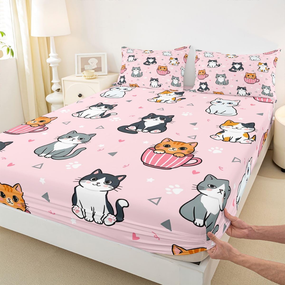 Manfei Cartoon Cute Cat Bed Sheet Mug Kitten Paw Print Bedding Sets (1 Fitted,1 Flat,2 Pillowcases) Heart Sweet Kawaii Luxury Deep Pocket Bed Sheets Kids Boys Girls Queen Peach Pink