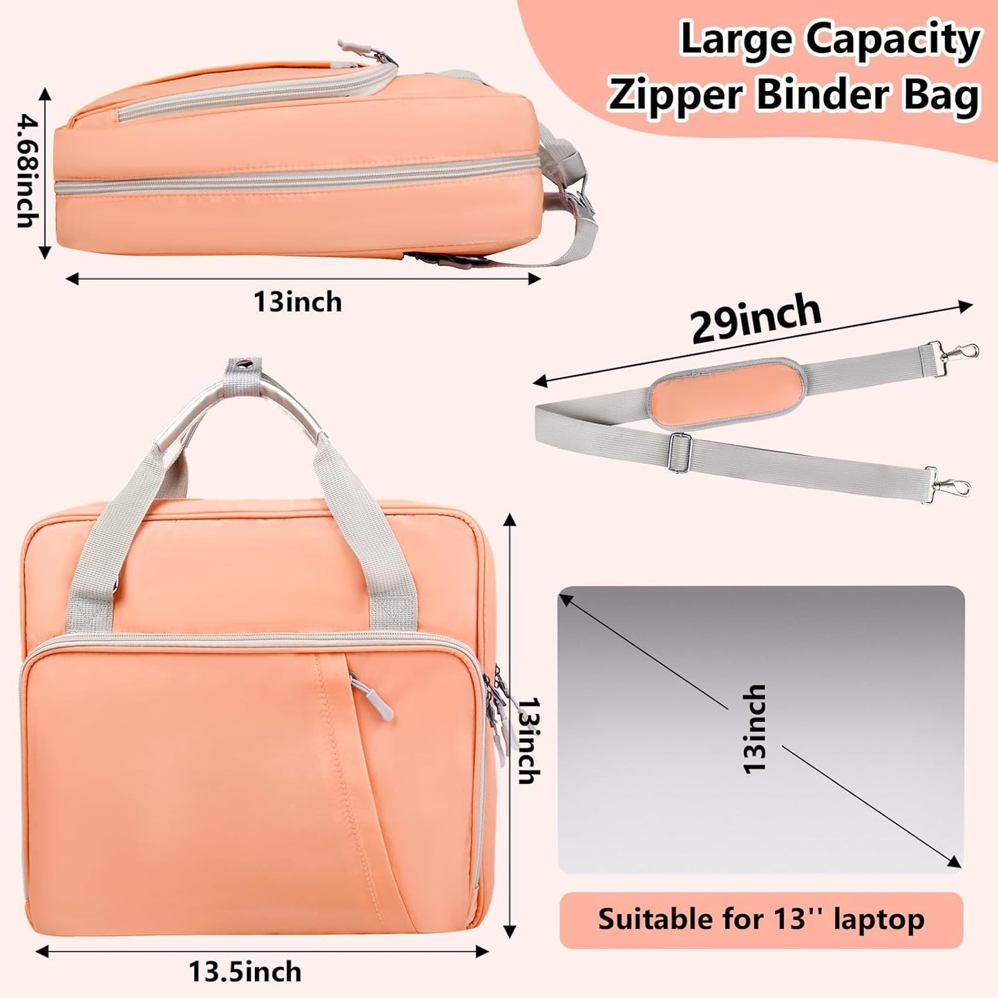 SIYNPAV 3 Ring Zipper Binder Bag 2 Inch with Shoulder Strap, Waterproof Nylon Binder with Zipper for 500 Sheet Capacity, Multi-Pocket Portfolio Organizer Case for 13 Inch Laptop Middle School (Peach)