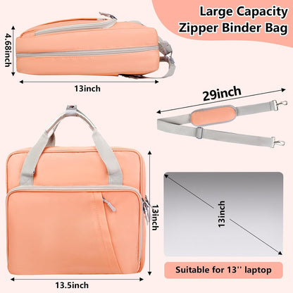SIYNPAV 3 Ring Zipper Binder Bag 2 Inch with Shoulder Strap, Waterproof Nylon Binder with Zipper for 500 Sheet Capacity, Multi-Pocket Portfolio Organizer Case for 13 Inch Laptop Middle School (Peach)