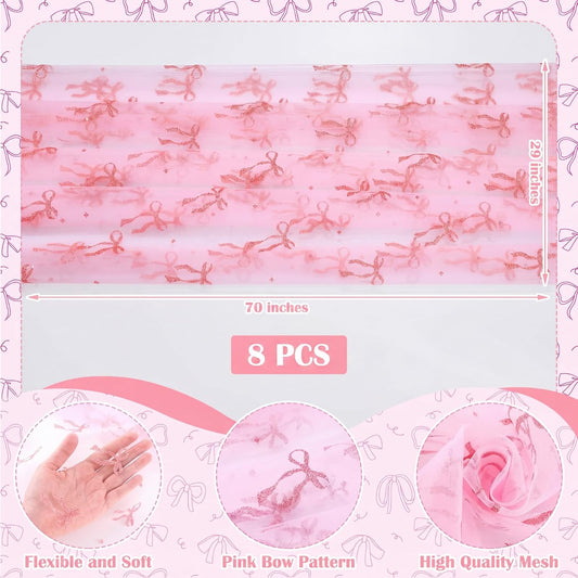 8 Pcs Pink Bow Table Runners 29 x 70 Inch Pink Tulle Lace Table Runner Coquette Bow Tablecloth for Wedding Birthday Baby Shower Home Decor