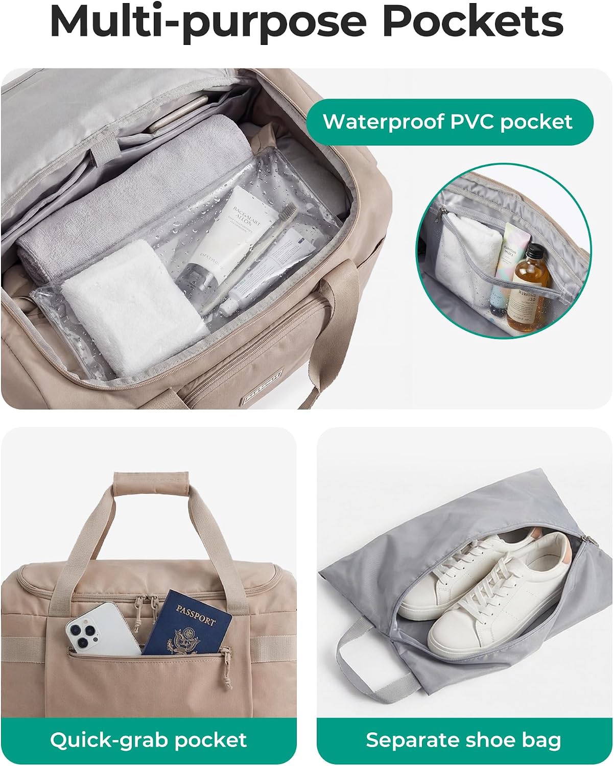 BAGSMART Travel Duffel Bags with Dividers, 32L Gym Duffle Bag with Laptop Compartment, Carry On Weekender Overnight Bag, Shoe Bag, PVC Wet Pocket, Pink