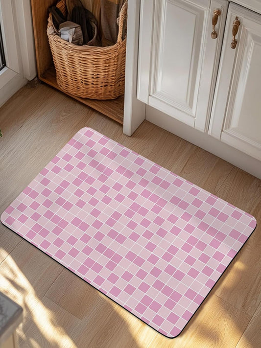 Modern Geometric Square Lattice Bath Rug Diatomite Shower Mat, Absorbent Bath Mat Non Slip Quick Dry Bathroom Rugs for Shower Bathtub Sink Kitchen Pink Buffalo Checker Ombre