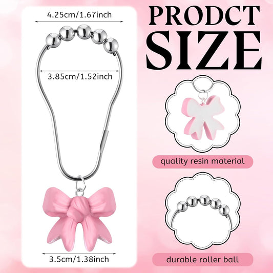 Yaocom 12 Pcs Pink Bow Knot Shower Curtain Hooks Rustproof Metal Decorative Bow Knot Shower Hangers Bulk Cute Glide Curtain Rings for Girl Bathroom Bedroom Living Room Nursery Art Decor (Stylish)