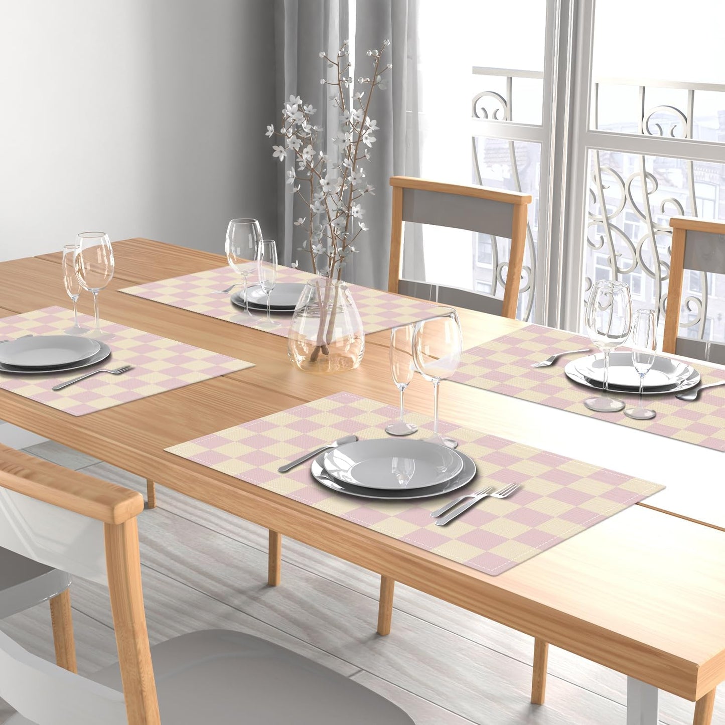 Pink Beige Checkered Mats Set of 4 Waterproof Placemats, Washable Placemats, Heat Resistant Non-Slip Place Mats for Indoor Outdoor Decoration, Dinner Kitchen Wedding Party Holiday Décor-13