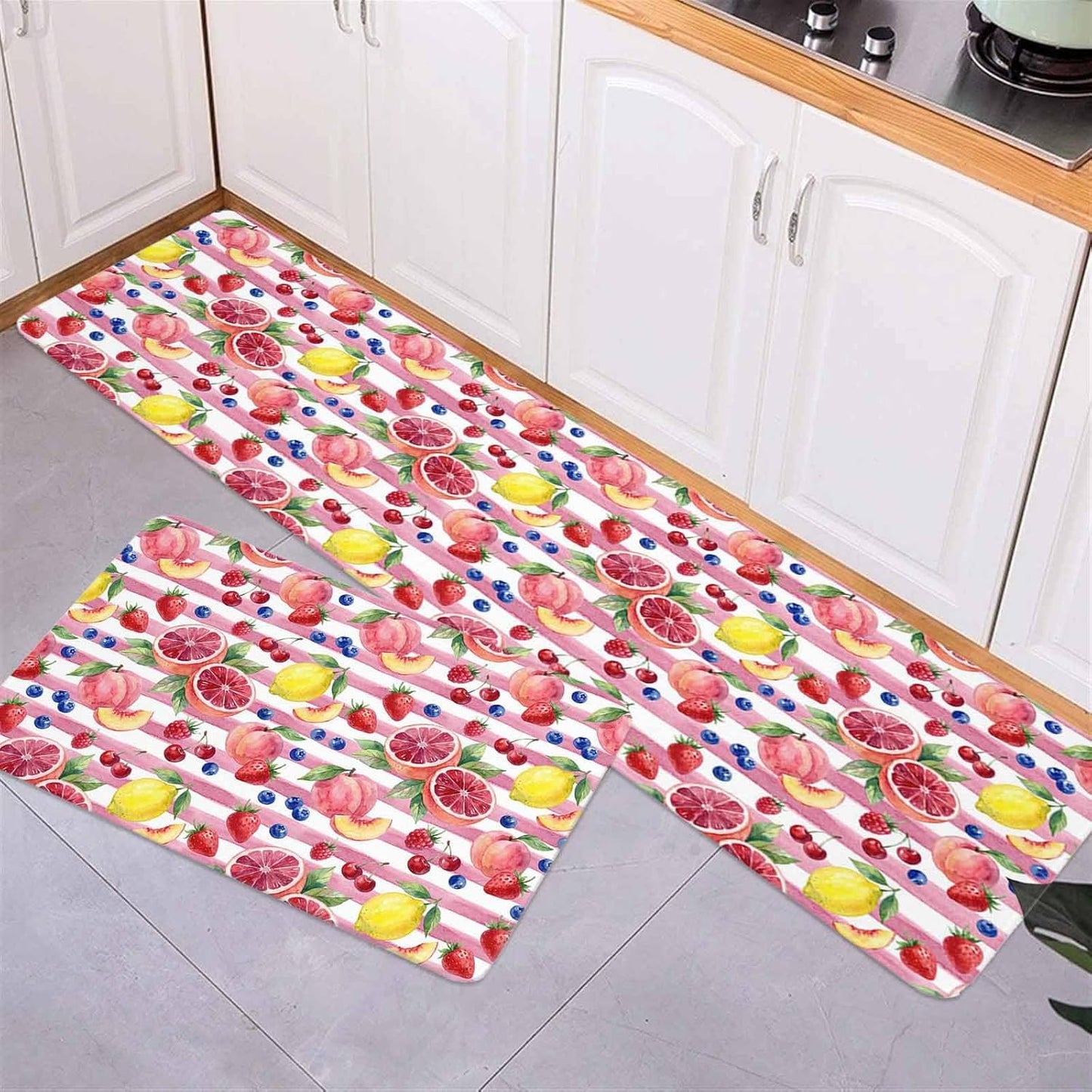 Kitchen Rugs and Mats, Summer Peach Lemon Grapefruit 2 Piece Area Runner Rug Set Comfort Standing Floor Mat, Blueberry Strawberry Pink Stripe Non Slip Absorbent Doormats for Laundry/Bathroom/Bedroom