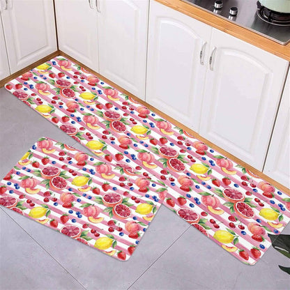 Kitchen Rugs and Mats, Summer Peach Lemon Grapefruit 2 Piece Area Runner Rug Set Comfort Standing Floor Mat, Blueberry Strawberry Pink Stripe Non Slip Absorbent Doormats for Laundry/Bathroom/Bedroom