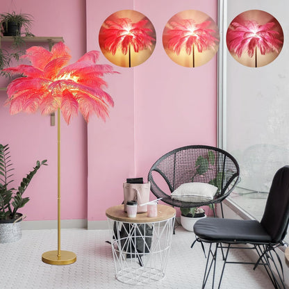 Natural Ostrich Feather Lamp Modern Floor Lamp for Living Room LED Standing Lamp with Foot Switch Gold Finish Elegant Feather Lampshade for Girl Bedroom Decor (Pink)
