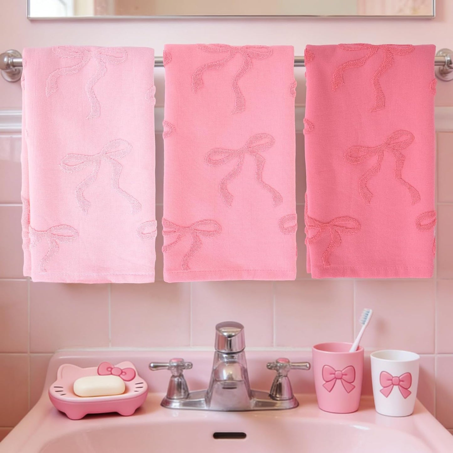 Whaline 3Pcs Pink Bow Hand Towel 3D Jacquard Cotton Towel Absorbent Coquette Dish Towels for Valentine's Day Home Kitchen Bathroom, 13.8 x 29.5 Inch