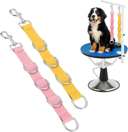 Pet Dog Grooming Loops, Adjustable Nylon Table Arm Extender Belly Strap with 4 White D-Rings Restraint Leash(Pink/Yellow, 2Pcs), Intended for Fixed Dog Bathing Hair Cutting
