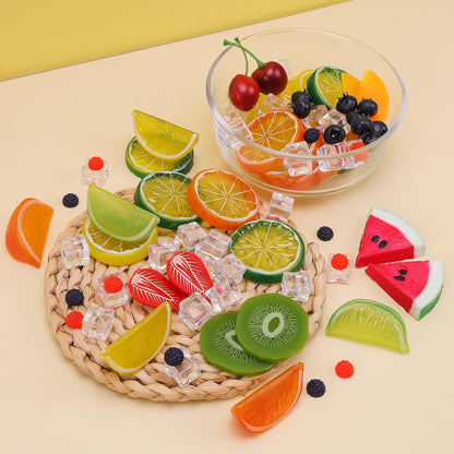 Gresorth 160pcs Artificial Kiwi Slice Yellow Peach Lemon Decoration Fake Watermelon Strawberry Block Realistic Raspberry Blueberry Cherry Ice Cube Display