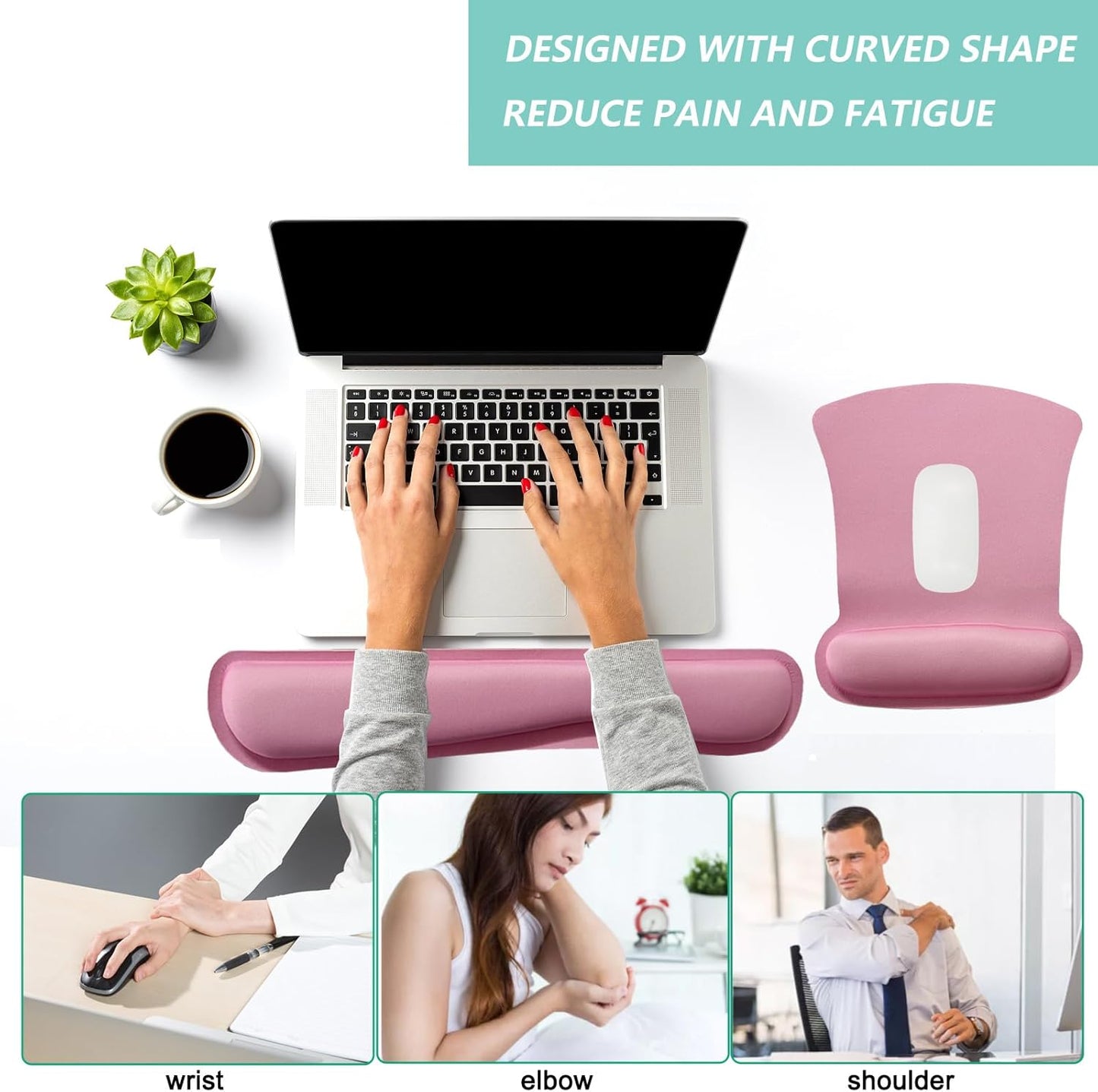 Keyboard Wrist Rest Pad Mouse Pad with Wrist Support Set of 3, Gaming Mousepad with Non-Slip Rubber Base, Ergonomic Memory Foam Mouse Cushion Support for Home Office Laptop Computer, Pink