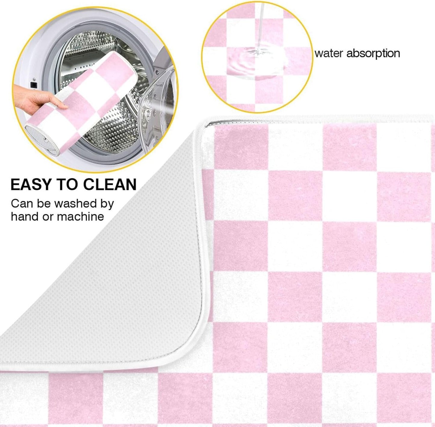 Light Pink White Checkered Dish Drying Mat for Kitchen Counter Absorbent Reversible Microfiber Drying Pad Countertop Drainer Mats, Small 16 x 18 inch
