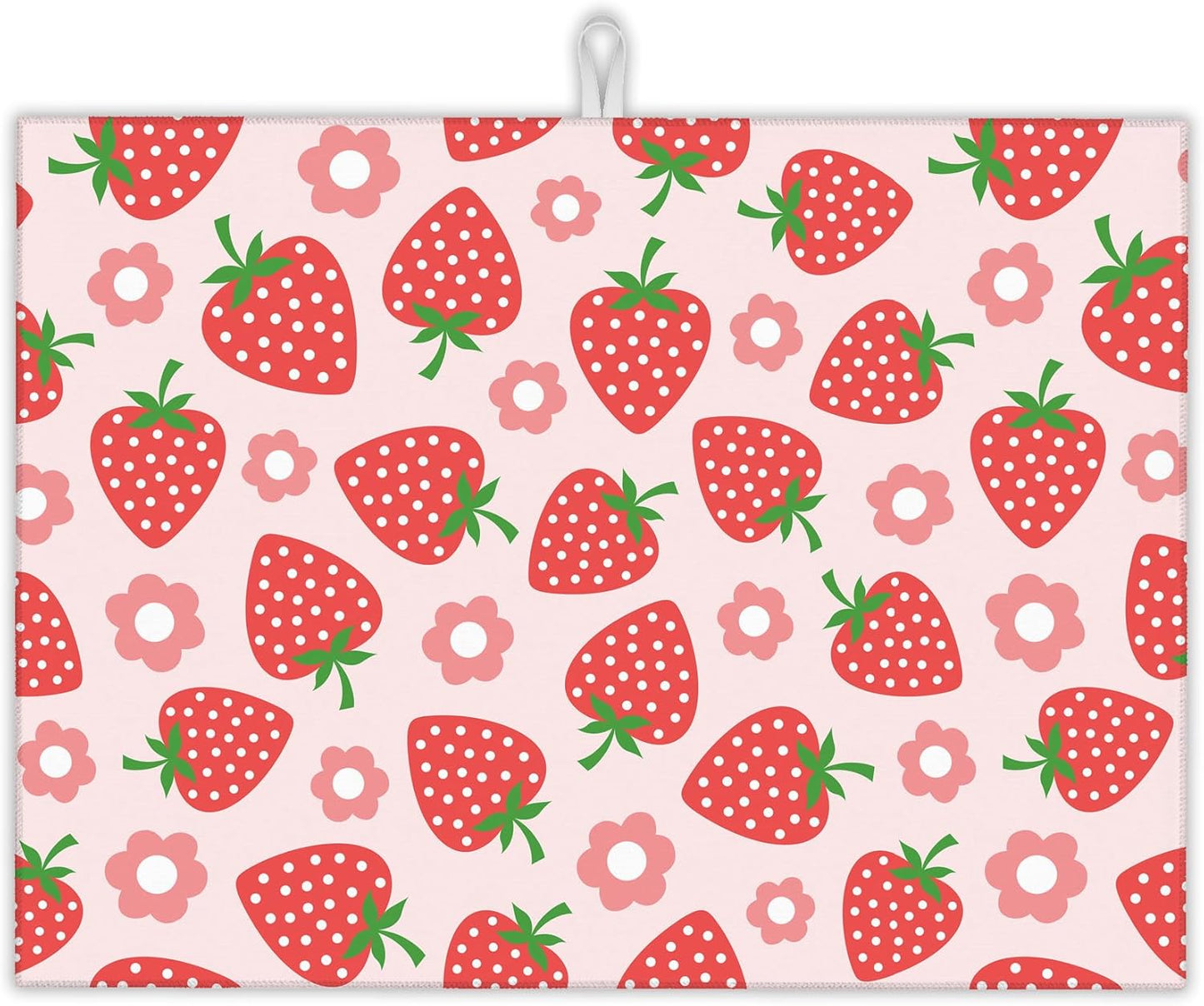 Pink Strawberry Dish Drying Rack Mat for Kitchen Counter,Cute Flowers Dish Drying Pad Absorbent Reversible Microfiber Protector for Coffee Bar Sink Countertops 18x24 Inch