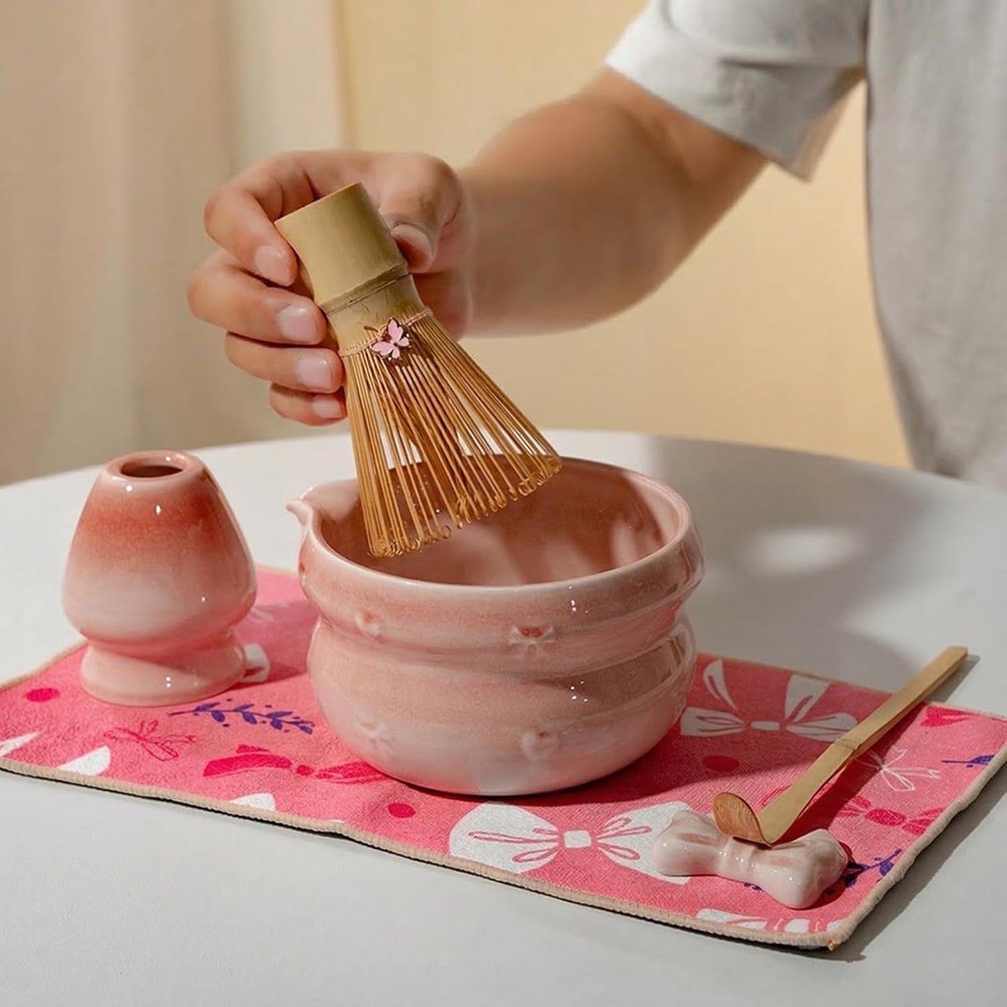 Matcha Whisk Set, 8 Pcs Japanese Ceremony Matcha Tea Powder Making Tools with Pink Bowknot Ceramic Bowl, Bamboo Whisk and Holder, Scoop, Strainer, Ideal for Mat-cha Lovers