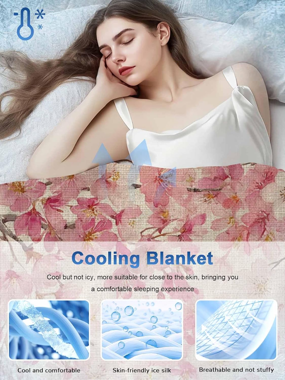 Cooling Blanket for Hot Sleepers, Peaches Branches Lightweight Ice Blanket for Night Sweats, Farmhouse Spring Botanical Pink Flowers Summer Cooling Throw Blankets for Bed/Soft/Travel 30"x40"