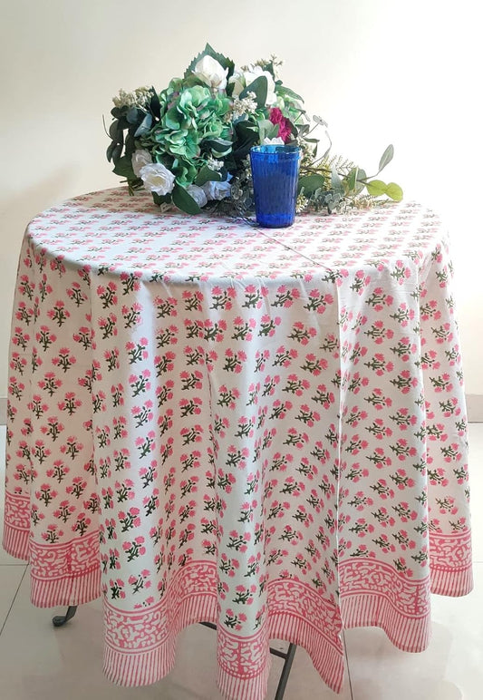 ATOSII Gulbahar White Pink 100% Cotton Spring Summer Round Tablecloth, Block Print Table Cloth for Dining, Weddings, Outdoors, Parties, Grand Millenial Home Decor 90" Inches I