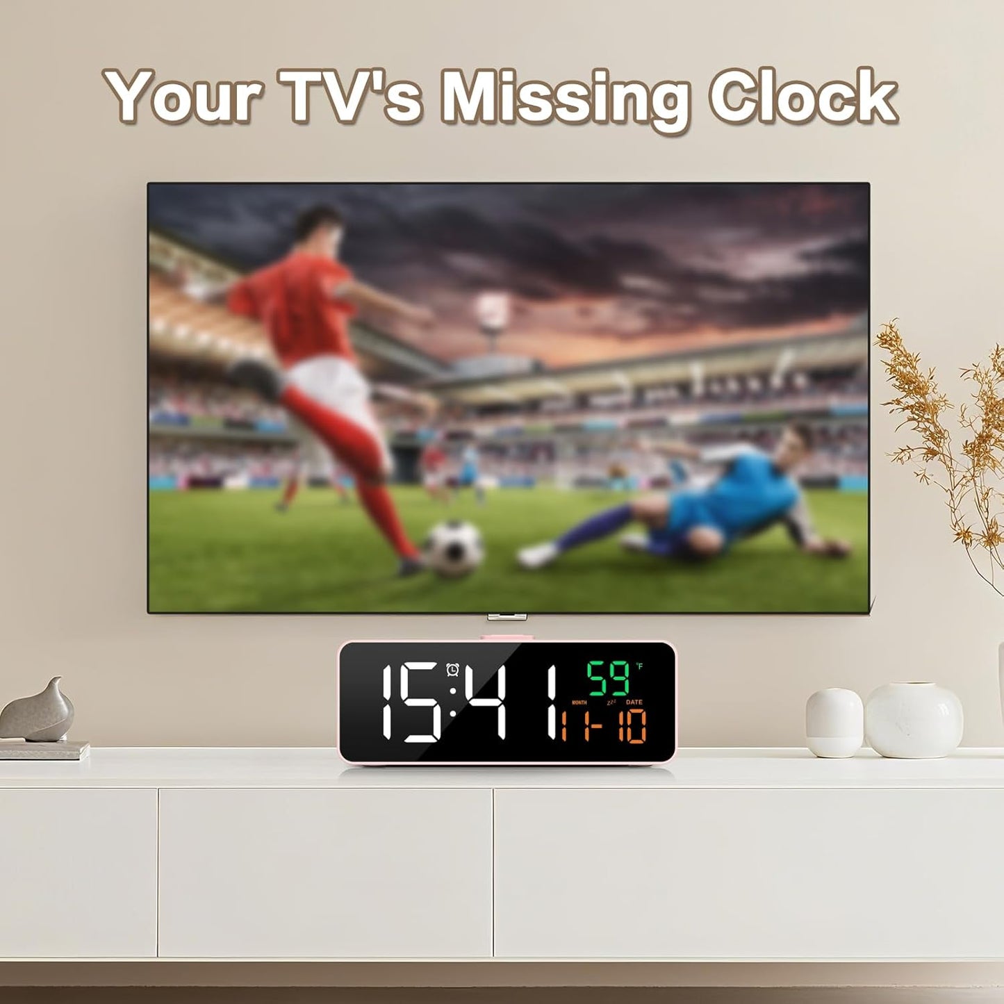 Netzu 3-in-1 Digital Clocks for Living Room with Temperature, Date & Time Display - 4 Levels Birghtness, 3 Volumes, Small & Compact Plug-in Alarm Clock for Bedroom Pink