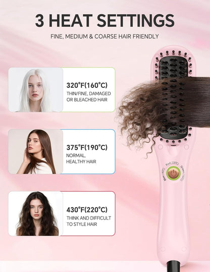 LANDOT Mini Hair Straightening Brush – Portable Heated Ionic Straightener Brush for Short to Medium Hair, 30s Fast Heat, Lightweight Hot Comb for Travel, Blush Pink