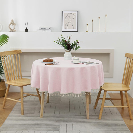 Rakila Round Waterproof 48 Inch Tablecloth with Handmade Tassel Solid Washable Table Cloth for Kitchen Dining Home Decoration (Pink, 70inch, Tassel)