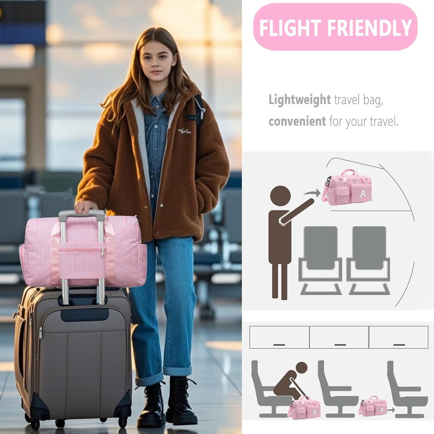 Kids Travel Duffle Bag Dance Bag Gifts for Girls Initial Gym Bag with Shoes Compartment for Women Lightweight Weekender Bags Pink-S