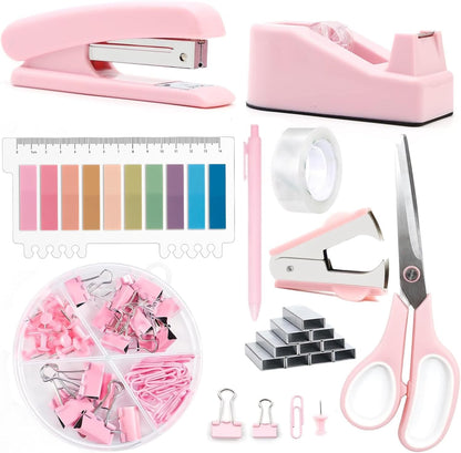 Office Supplies,Pink Desk Accessories,Office Supplies Set,Stapler and Tape Dispenser Set,Scissors,Staple Remover,Binder Clips,Staples,Ballpoint Pen,Index Tabs with Ruler,Clear Tape.9pcs for Office