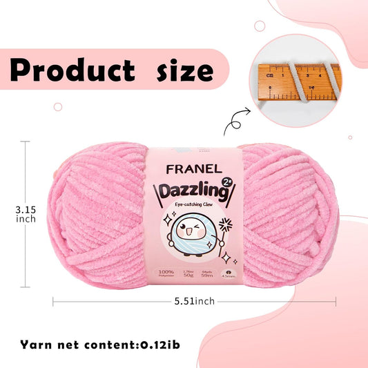 Chenille Yarn, 3 Pack Franel Dazzling Peach Red Sparkle Yarn 4.5mm Thickness, 100% Polyester, Soft, Fluffy, Perfect for Crocheting and Knitting. Great for Plush Dolls, Bags, and Throw Pillows