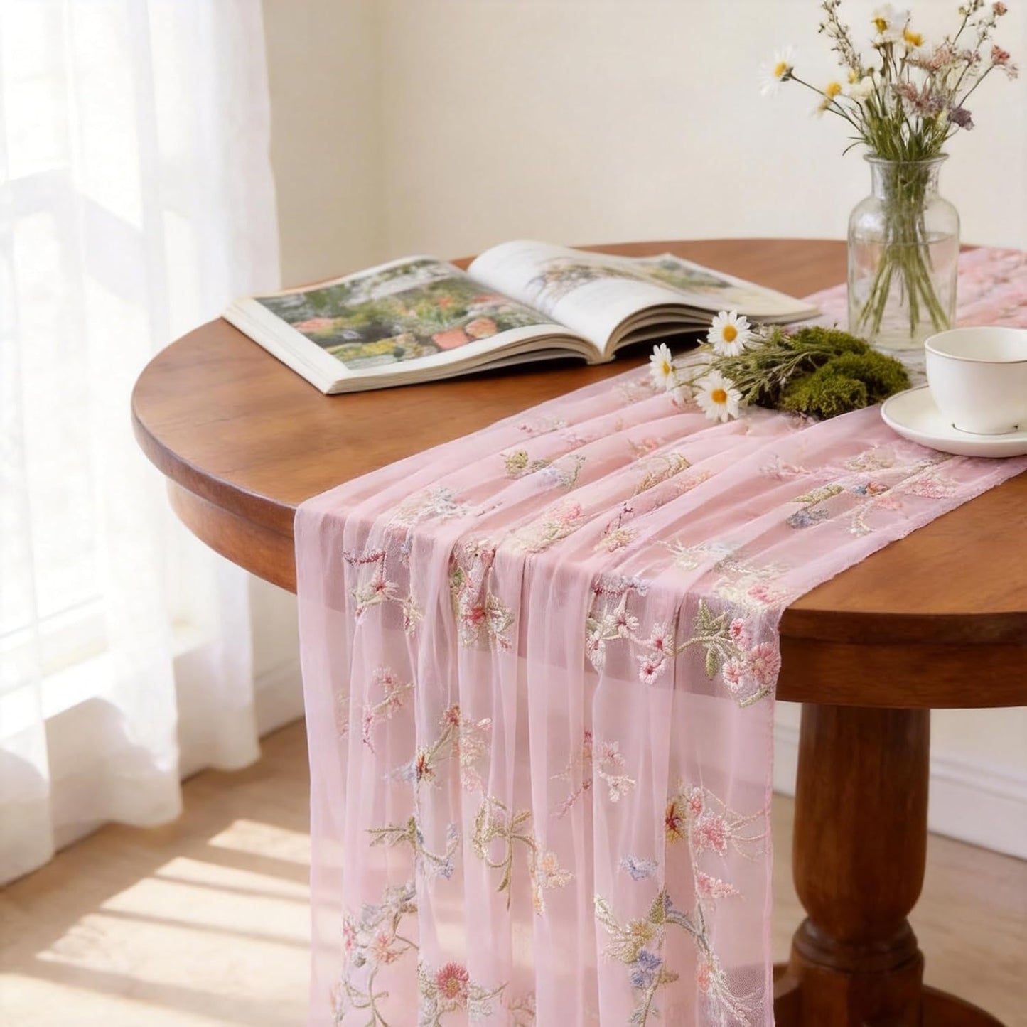 Pink Floral Table Runner 10ft Embroidery Tulle Spring Wildflower Table Runner Seasonal Summer Butterfly Kitchen Dining Gauze Decoration for Baby Shower Wedding Party Birthday (1 Pcs)