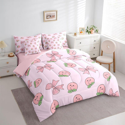 Erosebridal Bowknot 7 Piece Bedding Set Twin Peach Comforter Set with Sheets Cute Cartoon Peaches Kawaii Pink Bow Bed in a Bag Fruit Princess Ribbon Bowtie for Kids Boys Girls
