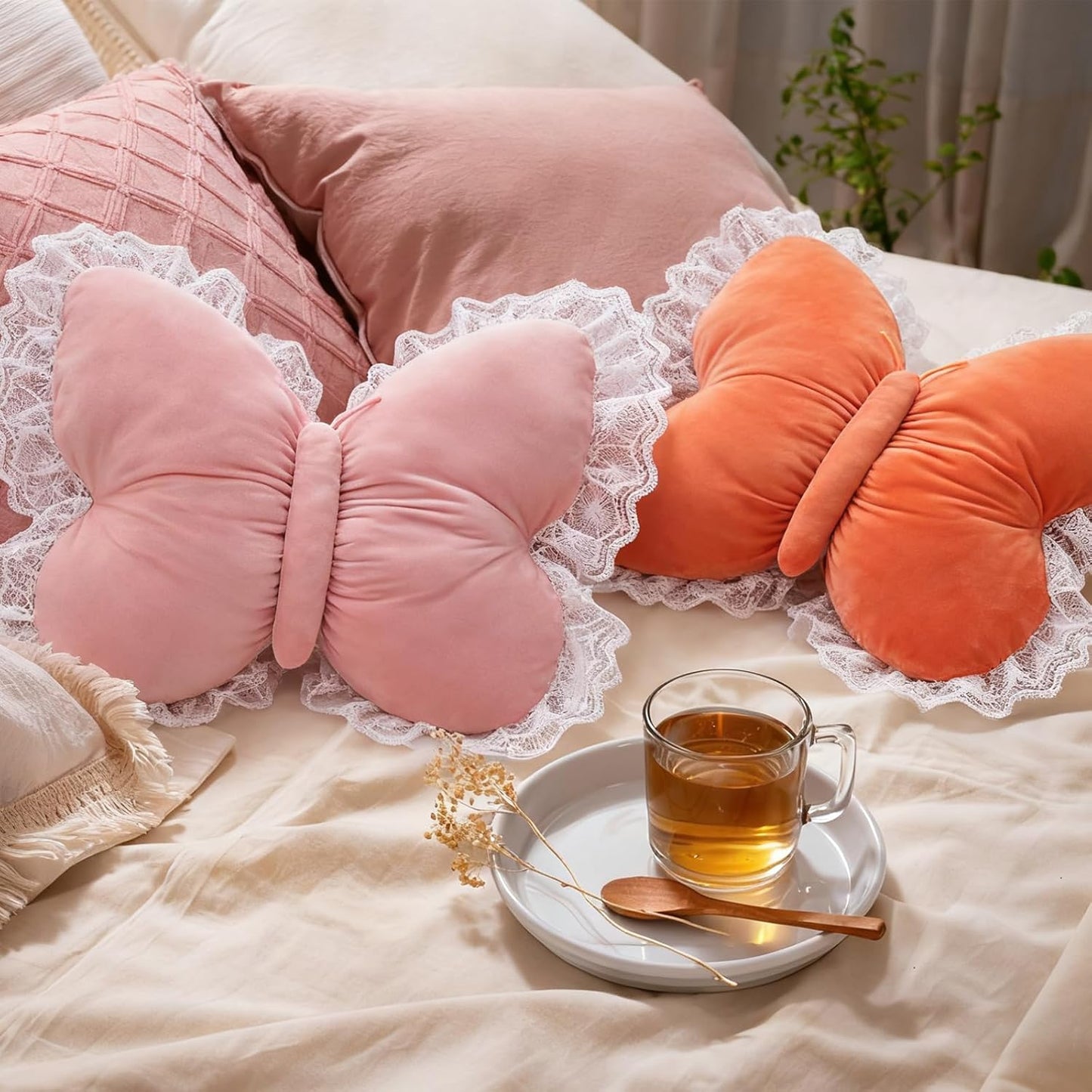 PEACH CAT Butterfly Pillow with Lace Trim Decorative Butterfly Shaped Throw Pillows 16" x 16" Soft Plush Cushion Decor for Bedroom Living Room Sofa Couch Pink