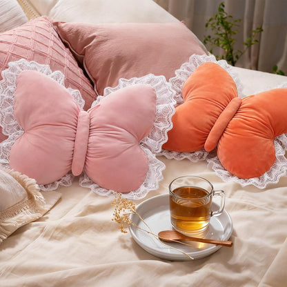 PEACH CAT Butterfly Pillow with Lace Trim Decorative Butterfly Shaped Throw Pillows 16" x 16" Soft Plush Cushion Decor for Bedroom Living Room Sofa Couch Pink