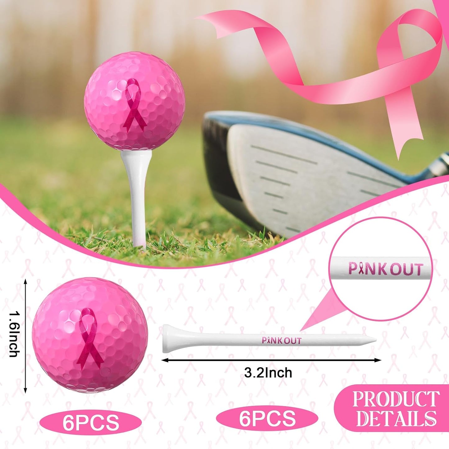 Seematn 6 Pcs Pink Out Golf Balls and 6 Golf Tees with Pink Ribbon Scarf 3-1/4 Inch Breast Cancer Awareness Gift Set for Women Golfers Charity Event Fundraiser Sports Outdoor Practice