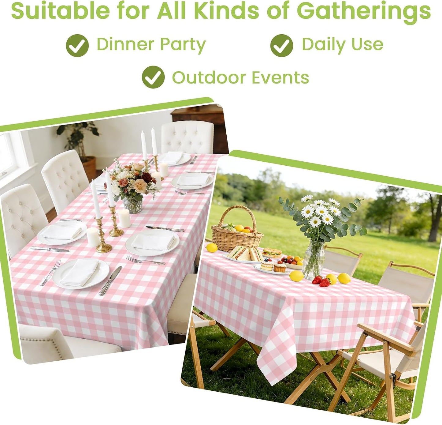 Mulbozy 4 Pcs Pink Gingham Tablecloth 54 × 108 Inches Pink and White Checkered Table Cloth Disposable Plastic Waterproof Tablecover for Outdoor Picnic, Birthday Party, Holiday Dinner