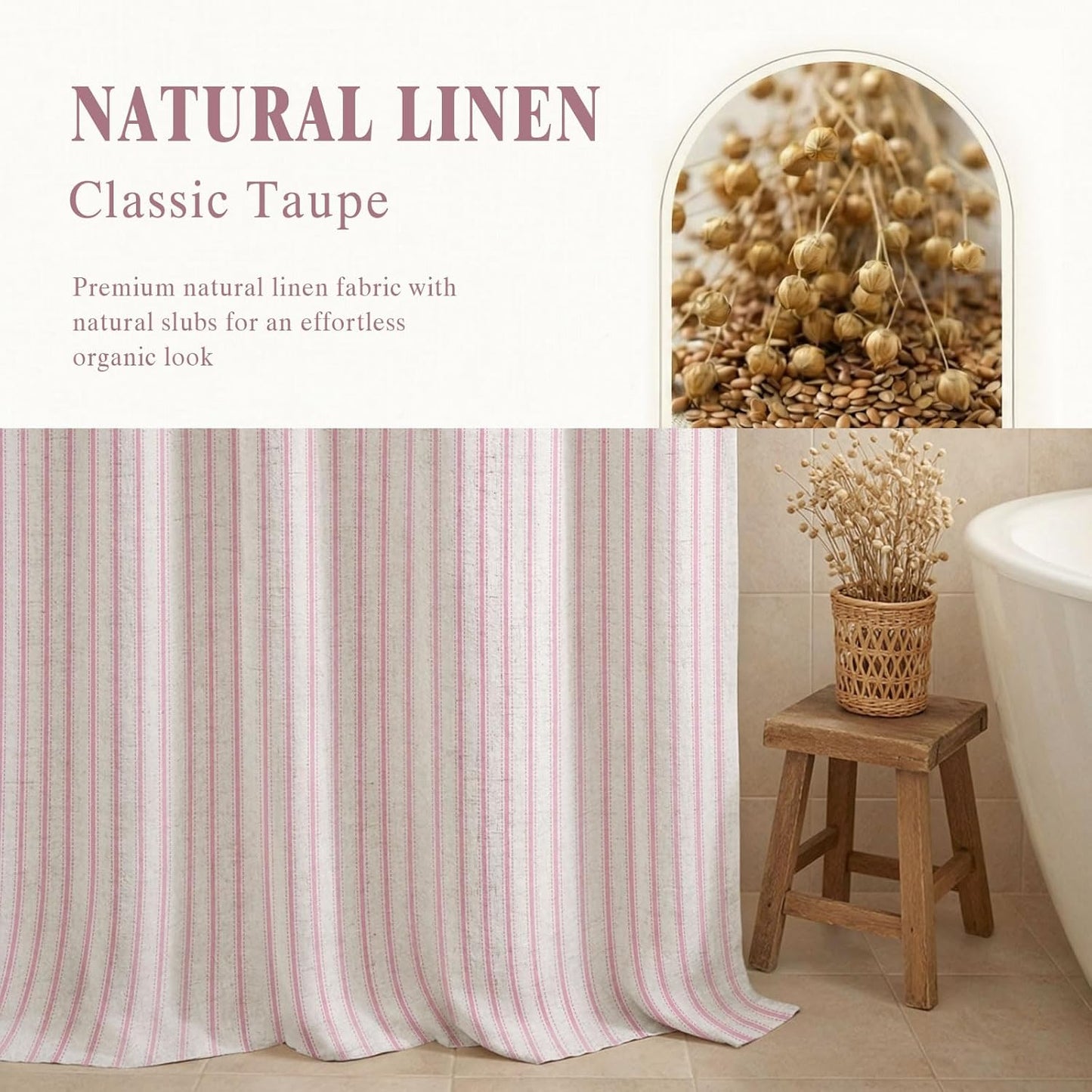 Farmhouse Stripe Shower Curtain,Pink Vintage Linen Shower Curtains for Bathroom 72 X 72