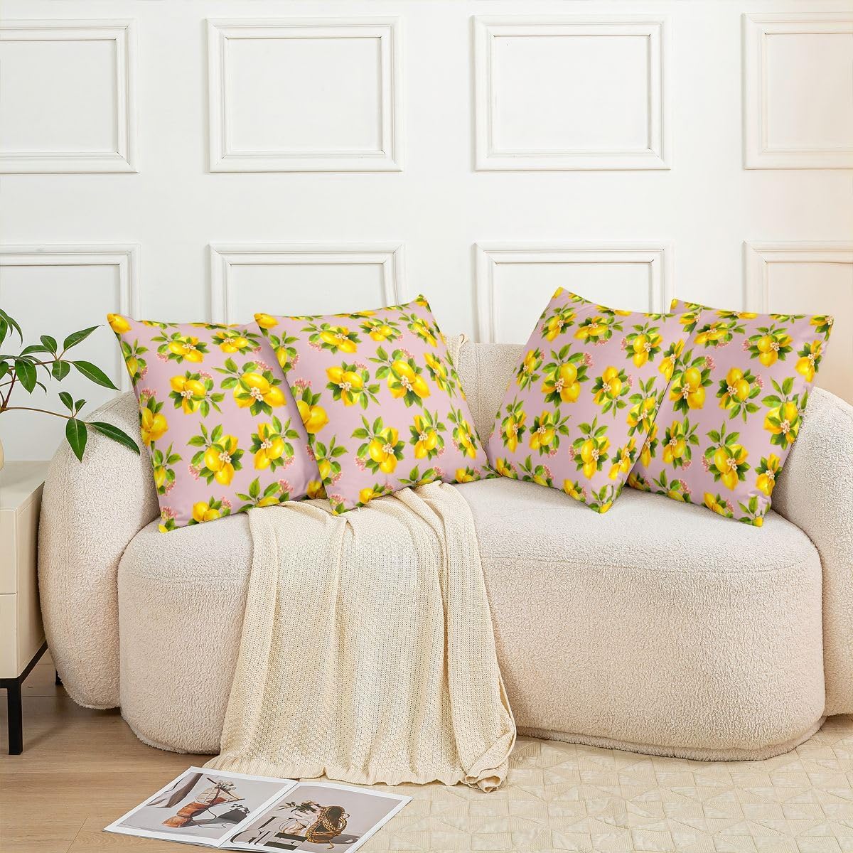 Manfei Lemon Throw Pillow Covers 16"x16" Set of 4 Botanical Lemon Cushion Cover for Couch Sofa Tropical Fruit Decorative Pillowcases Baby Pink Yellow Soft Pillows Covers